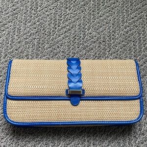 Cole Haan straw clutch with blue trim